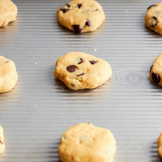 Chocolate chip cookies on a baking sheet.