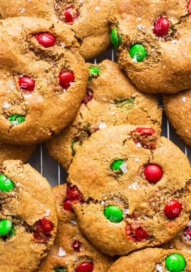 M&m cookies on a cooling rack.