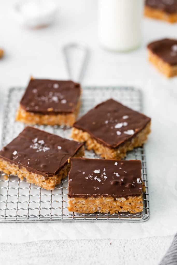 healthy scotcheroos sliced and topped with flaked sea salt