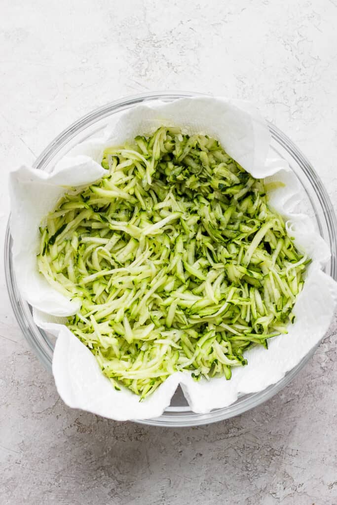 bowl of shredded zucchini.