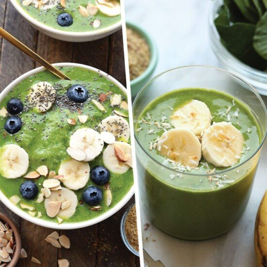 Two appetizing pictures showcasing green smoothie recipes with bananas and blueberries.