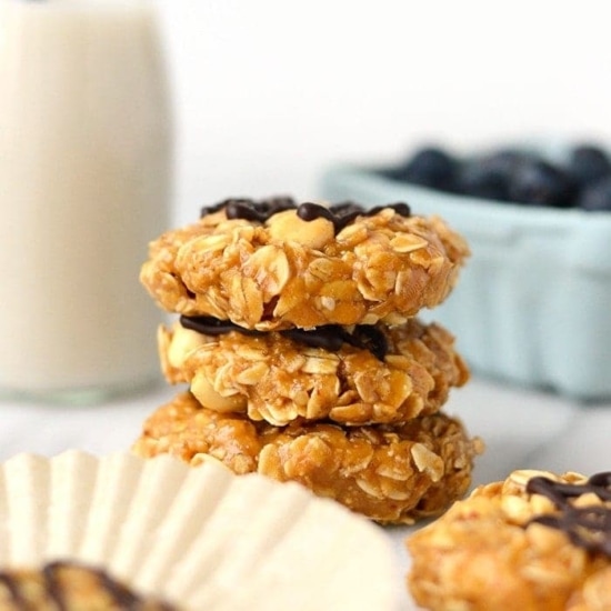 These Healthy Peanut Butter No Bake Cookies are made with just a few whole ingredients making them gluten-free and vegan. Whether you call these No Bake Peanut Butter Oatmeal Cookies or Peanut Butter No Bakes, this is a healthier recipe for a cookie classic!